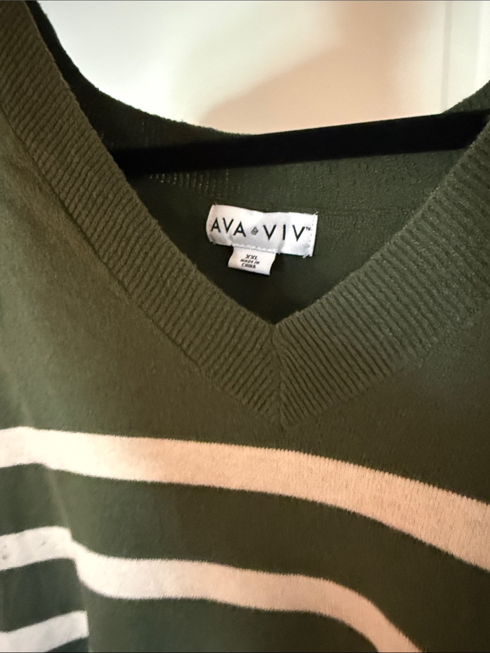 AVA & VIV Olive Green Striped V-Neck Sweater - Picture 3 of 3